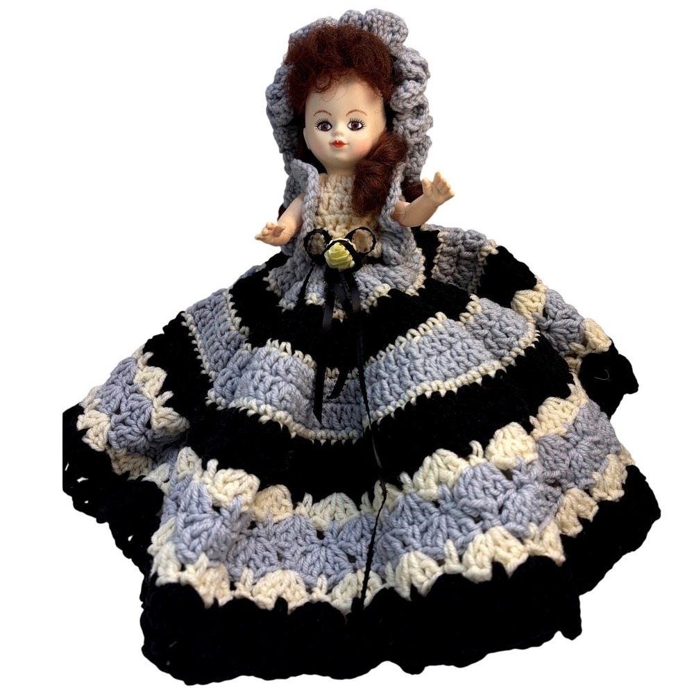 Vintage Handmade Crocheted Bed Doll  Crochet Black Grey Gown Bonnet 13 inch
